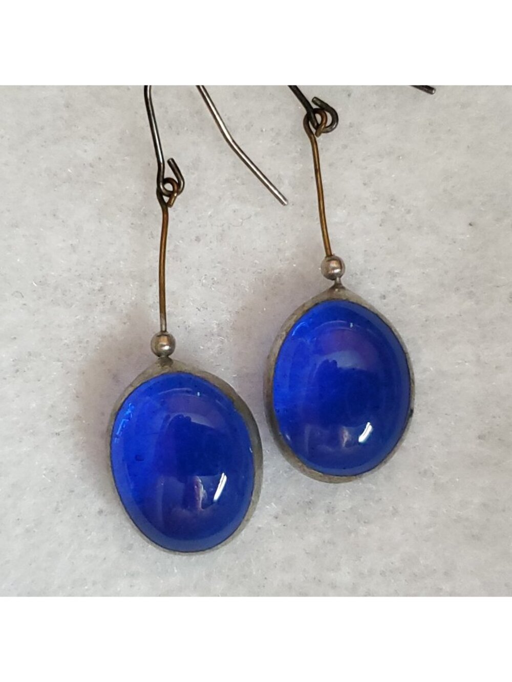 Vintage Blue Glass Earrings Dangle Drop Cabochon Silver Tone Artisan 3/4"